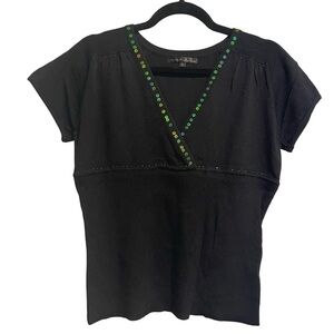 Pierri Black Deep V-Neck Short Sleeve Knit Top w/Sequin & Bead Detail Large